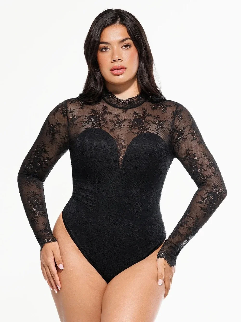 Popilush Shapewear Mock Neck Long Sleeve Floral Lace Bodysuit